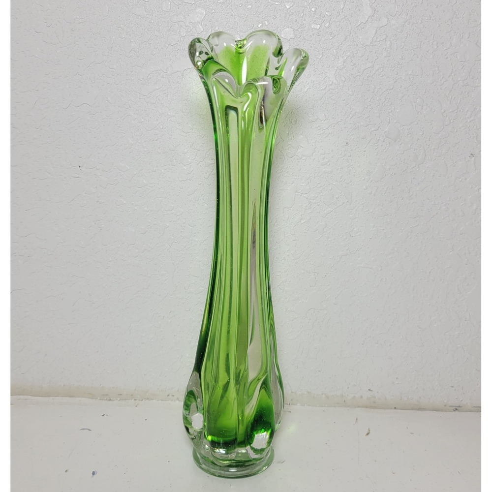 Vintage Wales Green Hand Blown Glass Swung Vase Scalloped Ruffled Made In Japan